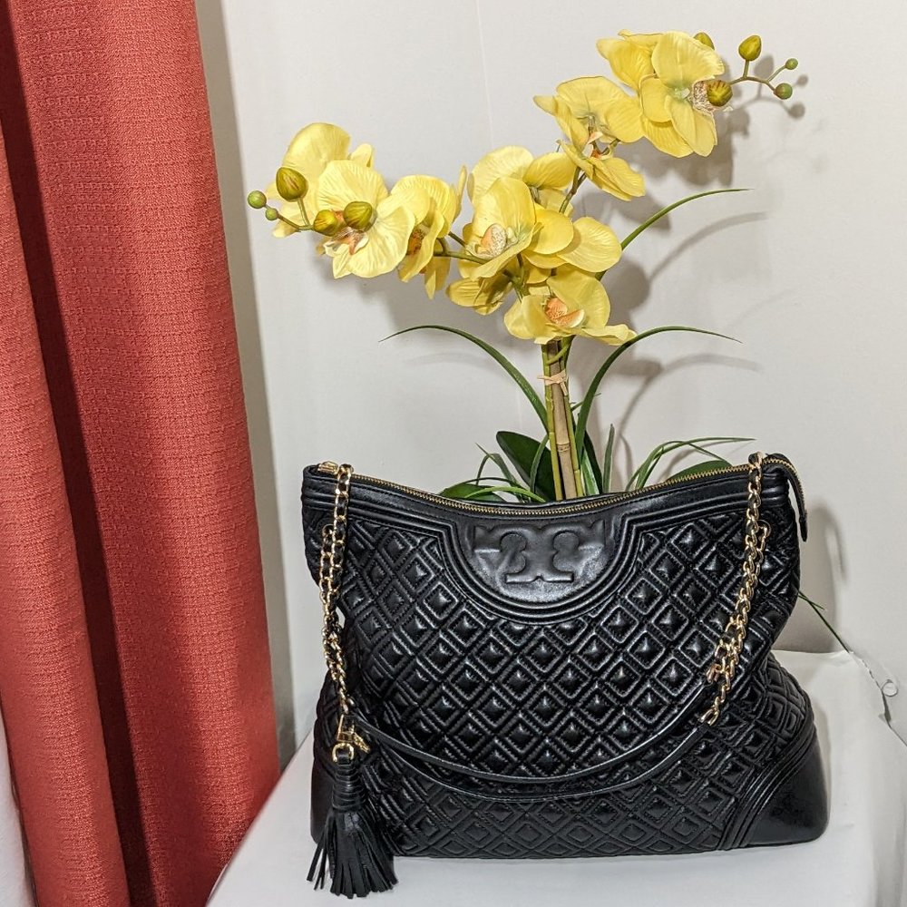 Tory Burch Fleming Marion Quilted Chain Large Women's Tote Black